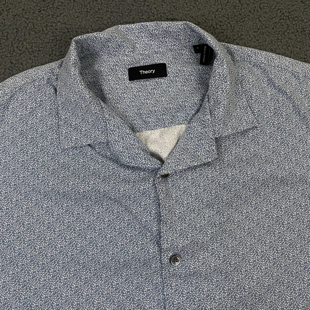 Theory Daze Micro Bamboo Shirt Mens Large Blue Floral Camp Collar Hawaiian